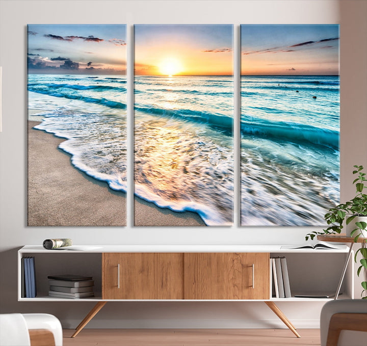 Ocean Beach Canvas Wall Art Beach Canvas, Coastal Sunset Tropical Island Beach Sunset Artwork Print for Living Room Home