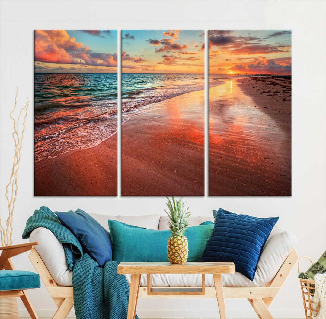 Ocean Beach Canvas Wall Art Beach Canvas, Coastal Sunset Tropical Island Beach Sunset Artwork Print for Living Room Home