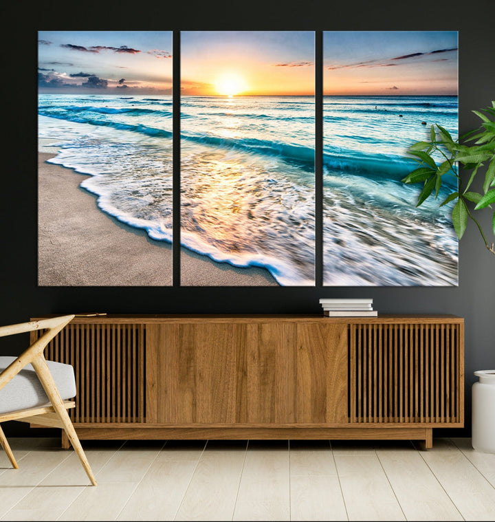 Ocean Beach Canvas Wall Art Beach Canvas, Coastal Sunset Tropical Island Beach Sunset Artwork Print for Living Room Home