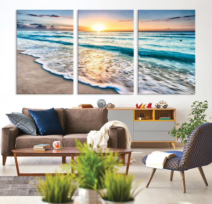 Ocean Beach Canvas Wall Art Beach Canvas, Coastal Sunset Tropical Island Beach Sunset Artwork Print for Living Room Home