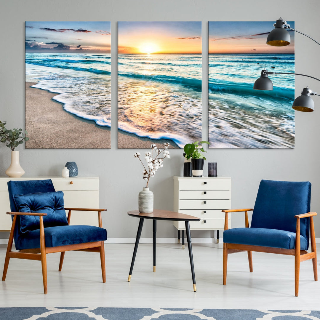 Ocean Beach Canvas Wall Art Beach Canvas, Coastal Sunset Tropical Island Beach Sunset Artwork Print for Living Room Home