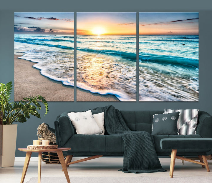 Ocean Beach Canvas Wall Art Beach Canvas, Coastal Sunset Tropical Island Beach Sunset Artwork Print for Living Room Home