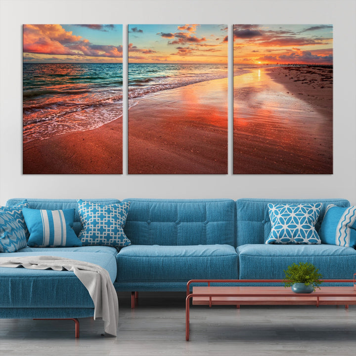 Ocean Beach Canvas Wall Art Beach Canvas, Coastal Sunset Tropical Island Beach Sunset Artwork Print for Living Room Home