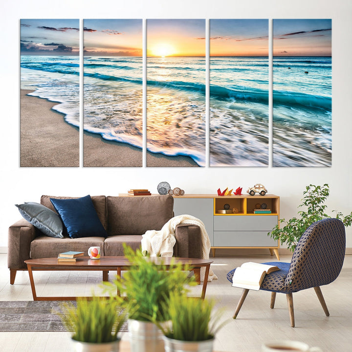 Ocean Beach Canvas Wall Art Beach Canvas, Coastal Sunset Tropical Island Beach Sunset Artwork Print for Living Room Home