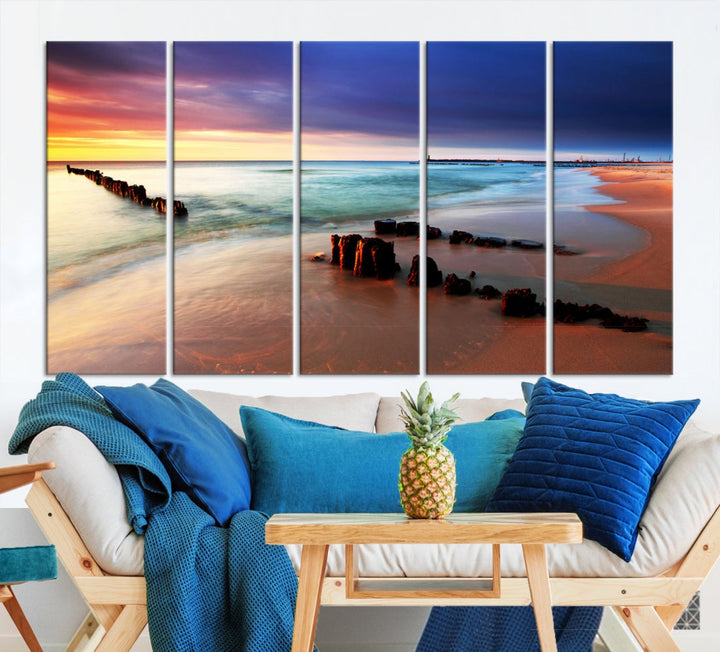 Ocean Beach Canvas Wall Art Beach Canvas, Coastal Sunset Tropical Island Beach Sunset Artwork Print for Living Room Home