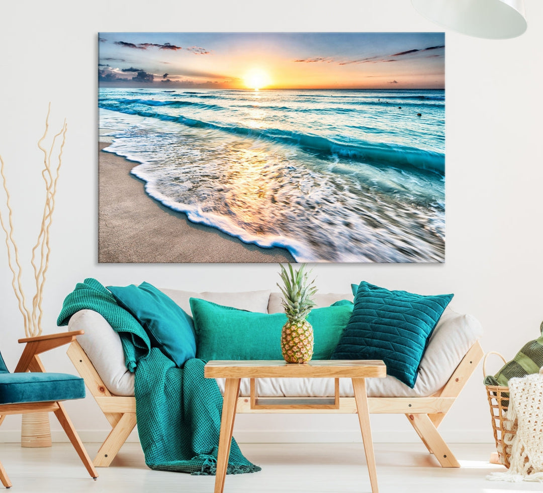 Ocean Beach Canvas Wall Art Beach Canvas, Coastal Sunset Tropical Island Beach Sunset Artwork Print for Living Room Home