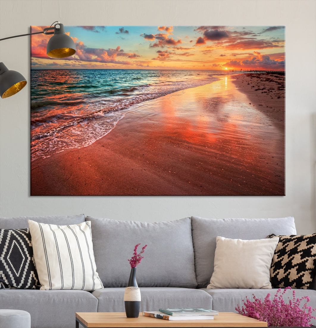 Ocean Beach Canvas Wall Art Beach Canvas, Coastal Sunset Tropical Island Beach Sunset Artwork Print for Living Room Home