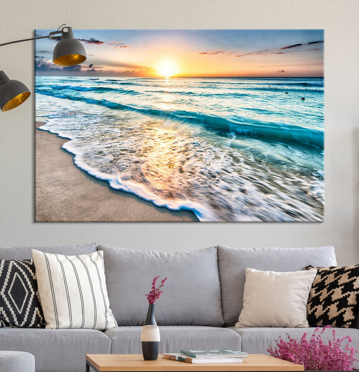 Ocean Beach Canvas Wall Art Beach Canvas, Coastal Sunset Tropical Island Beach Sunset Artwork Print for Living Room Home