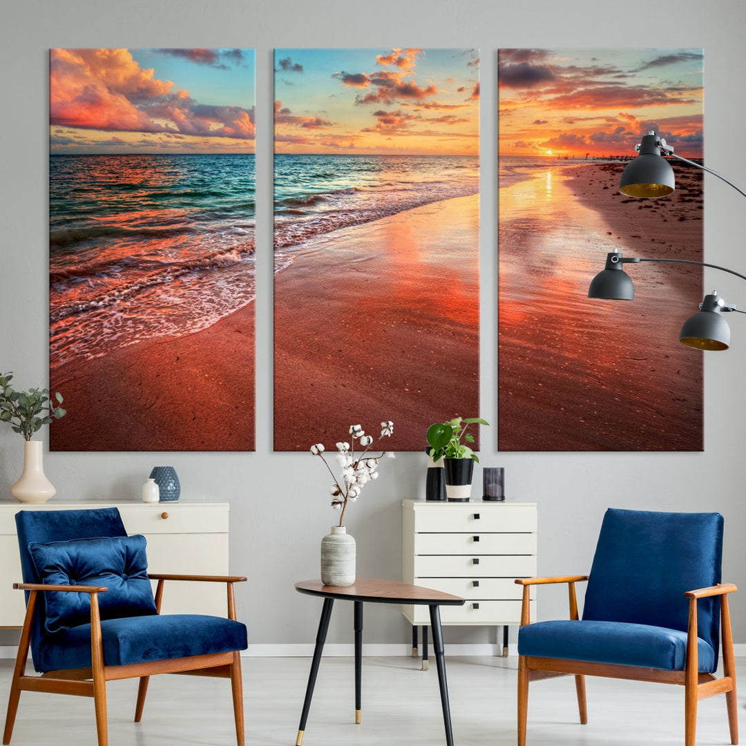 Ocean Beach Canvas Wall Art Beach Canvas, Coastal Sunset Tropical Island Beach Sunset Artwork Print for Living Room Home