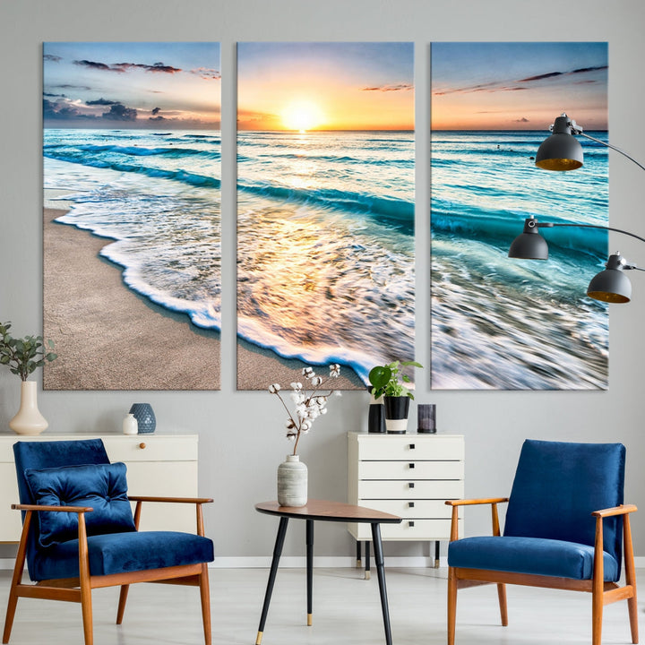 Ocean Beach Canvas Wall Art Beach Canvas, Coastal Sunset Tropical Island Beach Sunset Artwork Print for Living Room Home