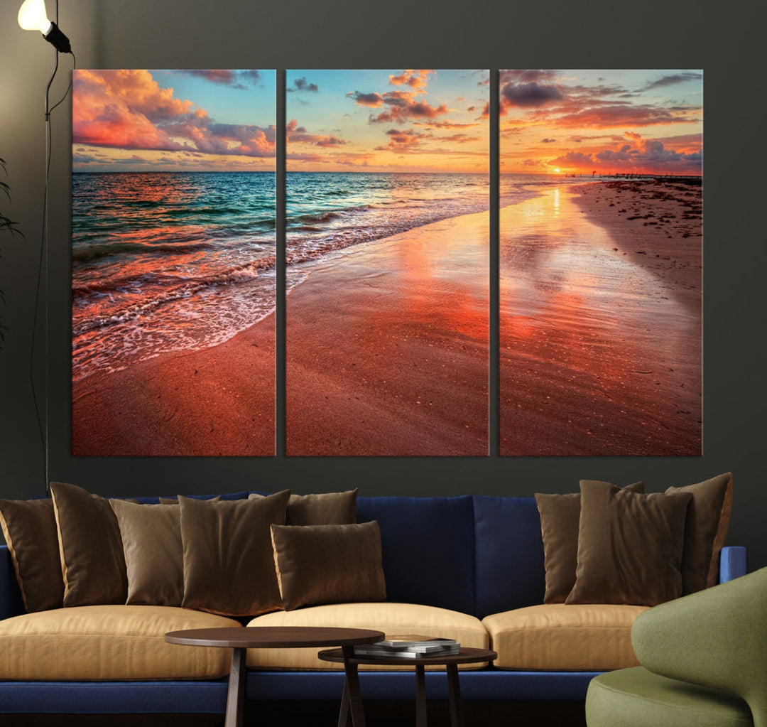 Ocean Beach Canvas Wall Art Beach Canvas, Coastal Sunset Tropical Island Beach Sunset Artwork Print for Living Room Home