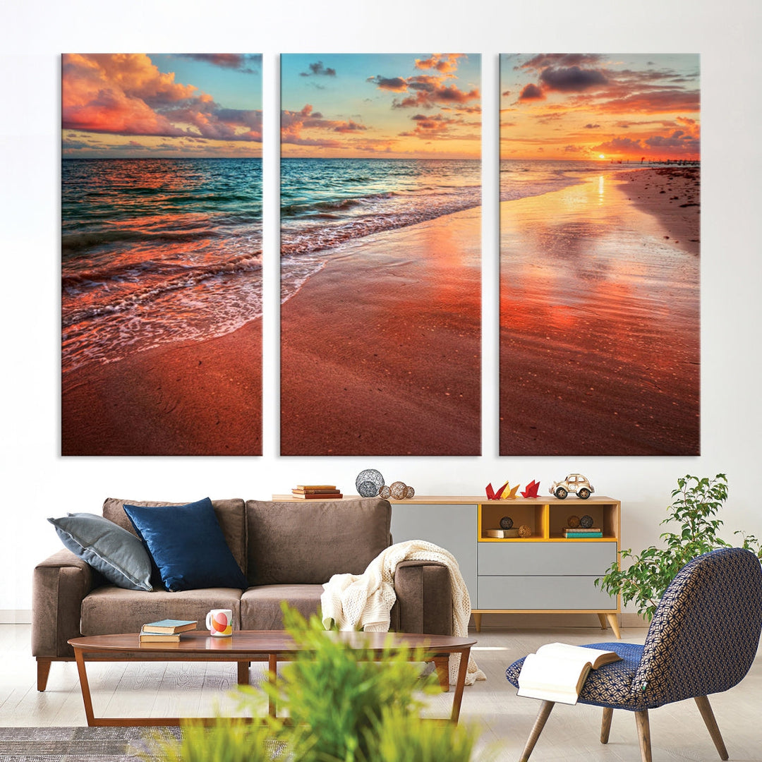 Ocean Beach Canvas Wall Art Beach Canvas, Coastal Sunset Tropical Island Beach Sunset Artwork Print for Living Room Home