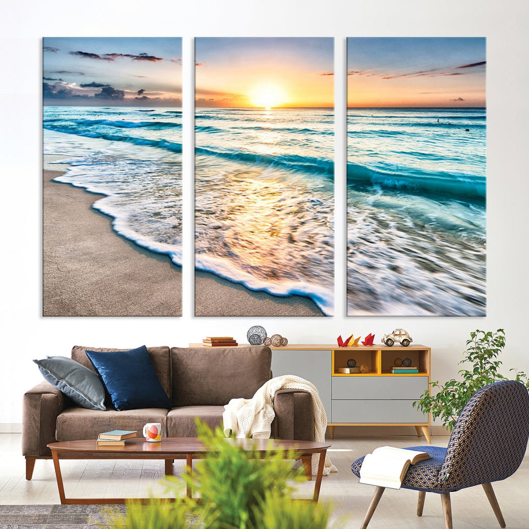 Ocean Beach Canvas Wall Art Beach Canvas, Coastal Sunset Tropical Island Beach Sunset Artwork Print for Living Room Home