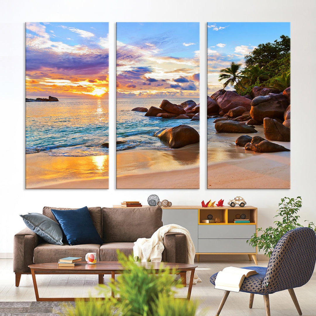 Ocean Beach Canvas Wall Art Beach Canvas, Coastal Sunset Tropical Island Beach Sunset Artwork Print