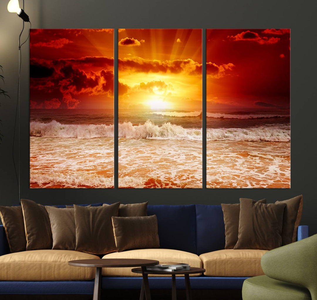 Ocean Sunset Canvas Wall Art Print - Vibrant Red and Orange Sunset Beach Scene, Perfect Coastal Beach Decor for Living Room or Bedroom, Ready to Hang