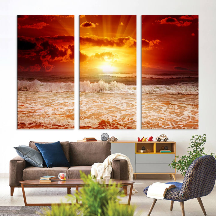 Ocean Sunset Canvas Wall Art Print - Vibrant Red and Orange Sunset Beach Scene, Perfect Coastal Beach Decor for Living Room or Bedroom, Ready to Hang