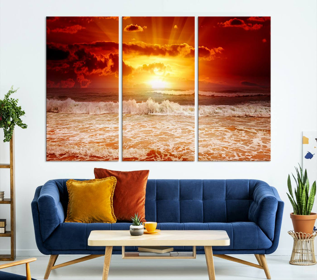 Ocean Sunset Canvas Wall Art Print - Vibrant Red and Orange Sunset Beach Scene, Perfect Coastal Beach Decor for Living Room or Bedroom, Ready to Hang