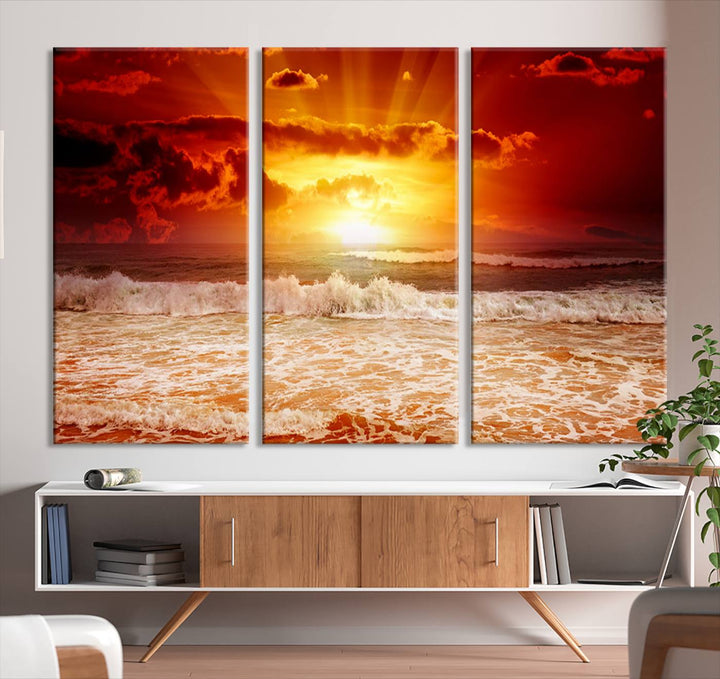 Ocean Sunset Canvas Wall Art Print - Vibrant Red and Orange Sunset Beach Scene, Perfect Coastal Beach Decor for Living Room or Bedroom, Ready to Hang