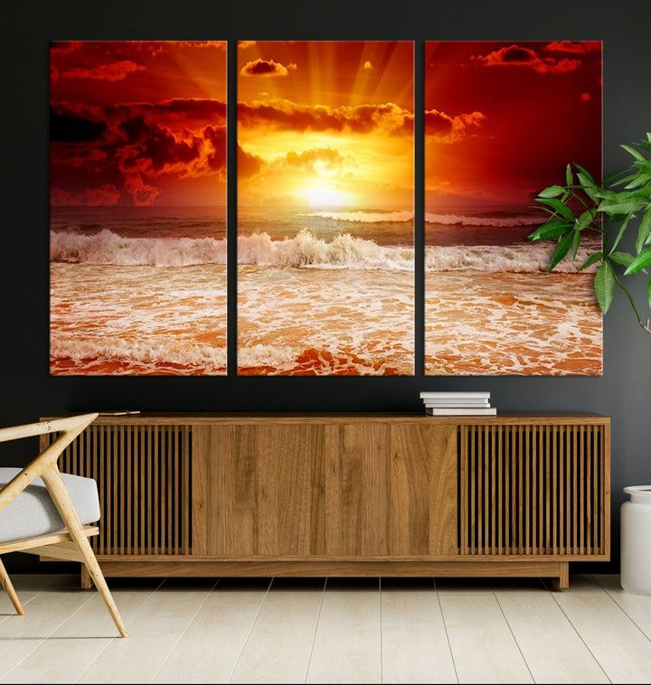 Ocean Sunset Canvas Wall Art Print - Vibrant Red and Orange Sunset Beach Scene, Perfect Coastal Beach Decor for Living Room or Bedroom, Ready to Hang