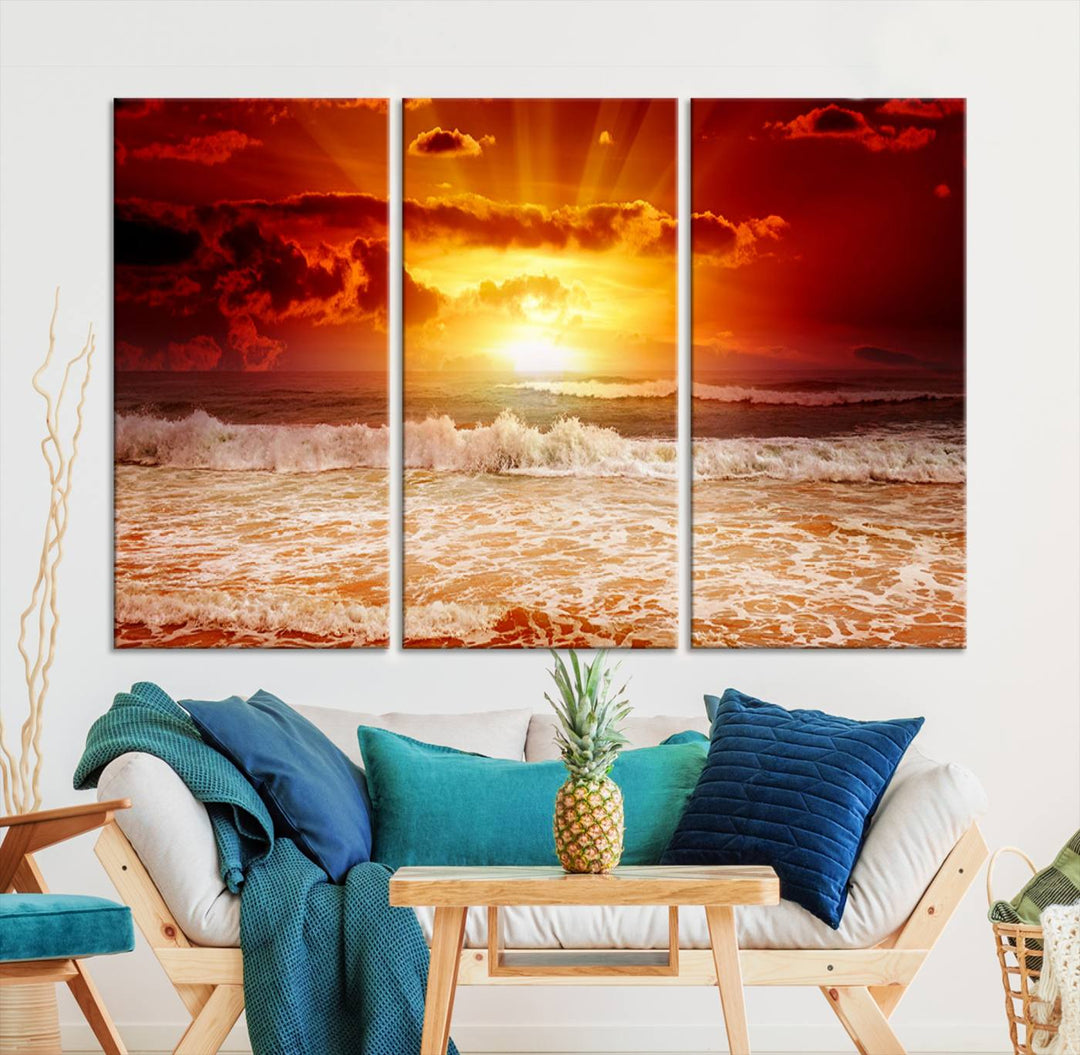 Ocean Sunset Canvas Wall Art Print - Vibrant Red and Orange Sunset Beach Scene, Perfect Coastal Beach Decor for Living Room or Bedroom, Ready to Hang