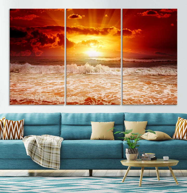 Ocean Sunset Canvas Wall Art Print - Vibrant Red and Orange Sunset Beach Scene, Perfect Coastal Beach Decor for Living Room or Bedroom, Ready to Hang