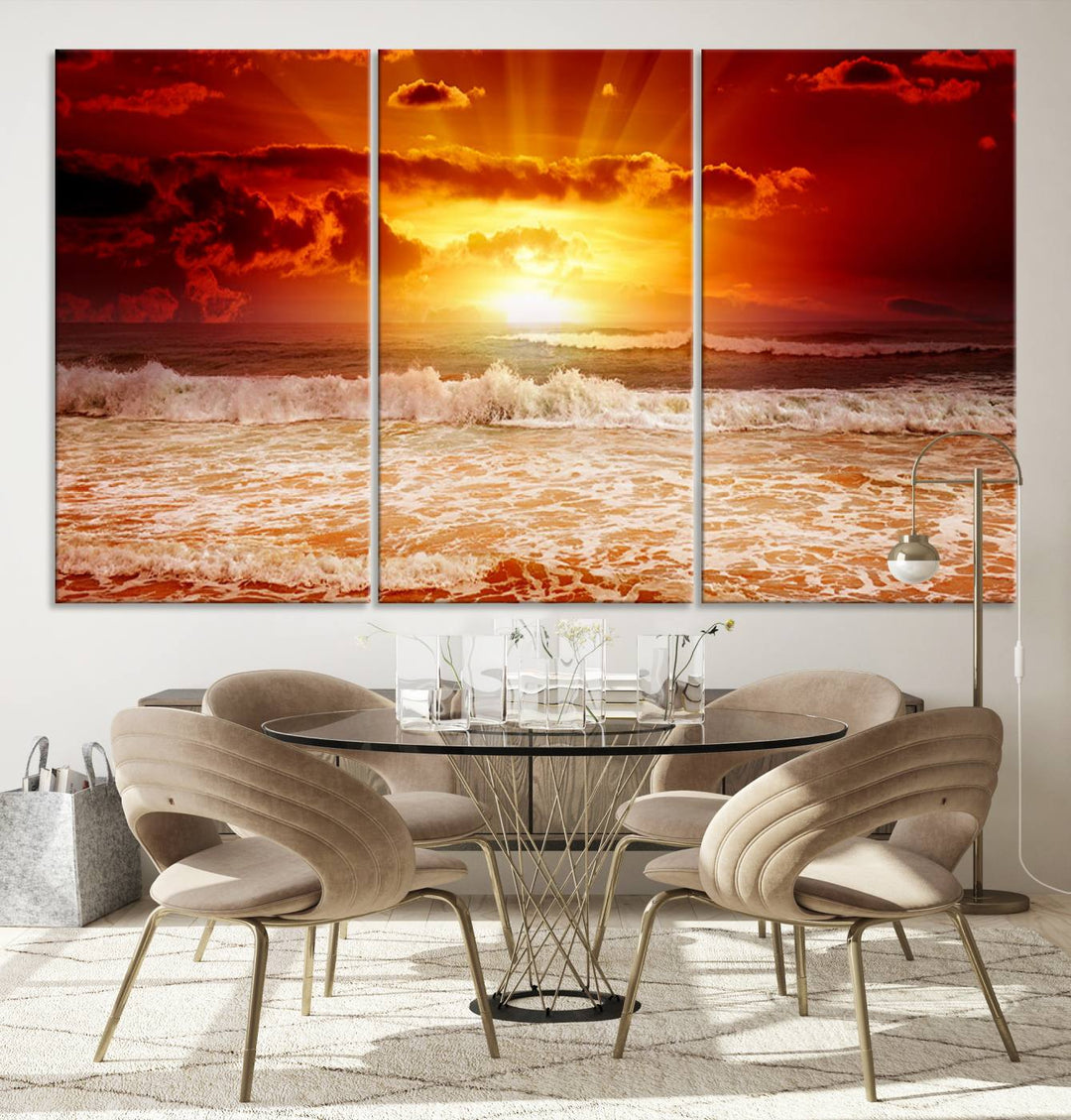 Ocean Sunset Canvas Wall Art Print - Vibrant Red and Orange Sunset Beach Scene, Perfect Coastal Beach Decor for Living Room or Bedroom, Ready to Hang