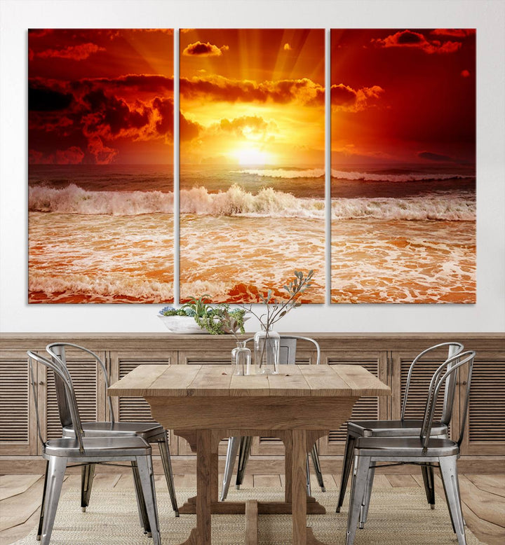 Ocean Sunset Canvas Wall Art Print - Vibrant Red and Orange Sunset Beach Scene, Perfect Coastal Beach Decor for Living Room or Bedroom, Ready to Hang