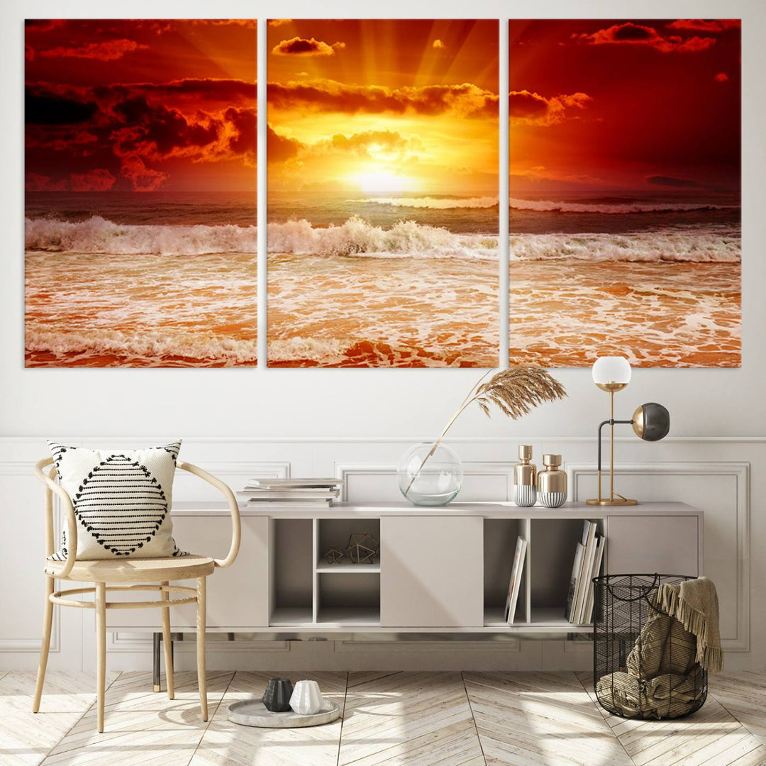 Ocean Sunset Canvas Wall Art Print - Vibrant Red and Orange Sunset Beach Scene, Perfect Coastal Beach Decor for Living Room or Bedroom, Ready to Hang