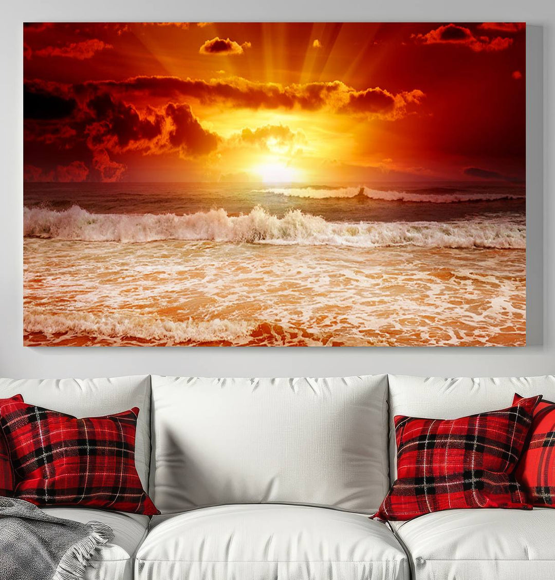 Ocean Sunset Canvas Wall Art Print - Vibrant Red and Orange Sunset Beach Scene, Perfect Coastal Beach Decor for Living Room or Bedroom, Ready to Hang