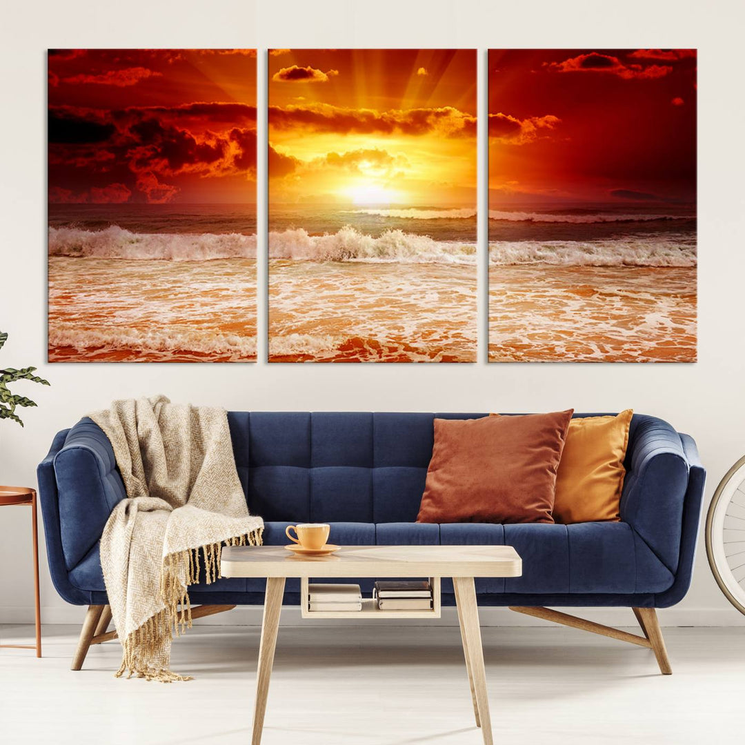 Ocean Sunset Canvas Wall Art Print - Vibrant Red and Orange Sunset Beach Scene, Perfect Coastal Beach Decor for Living Room or Bedroom, Ready to Hang