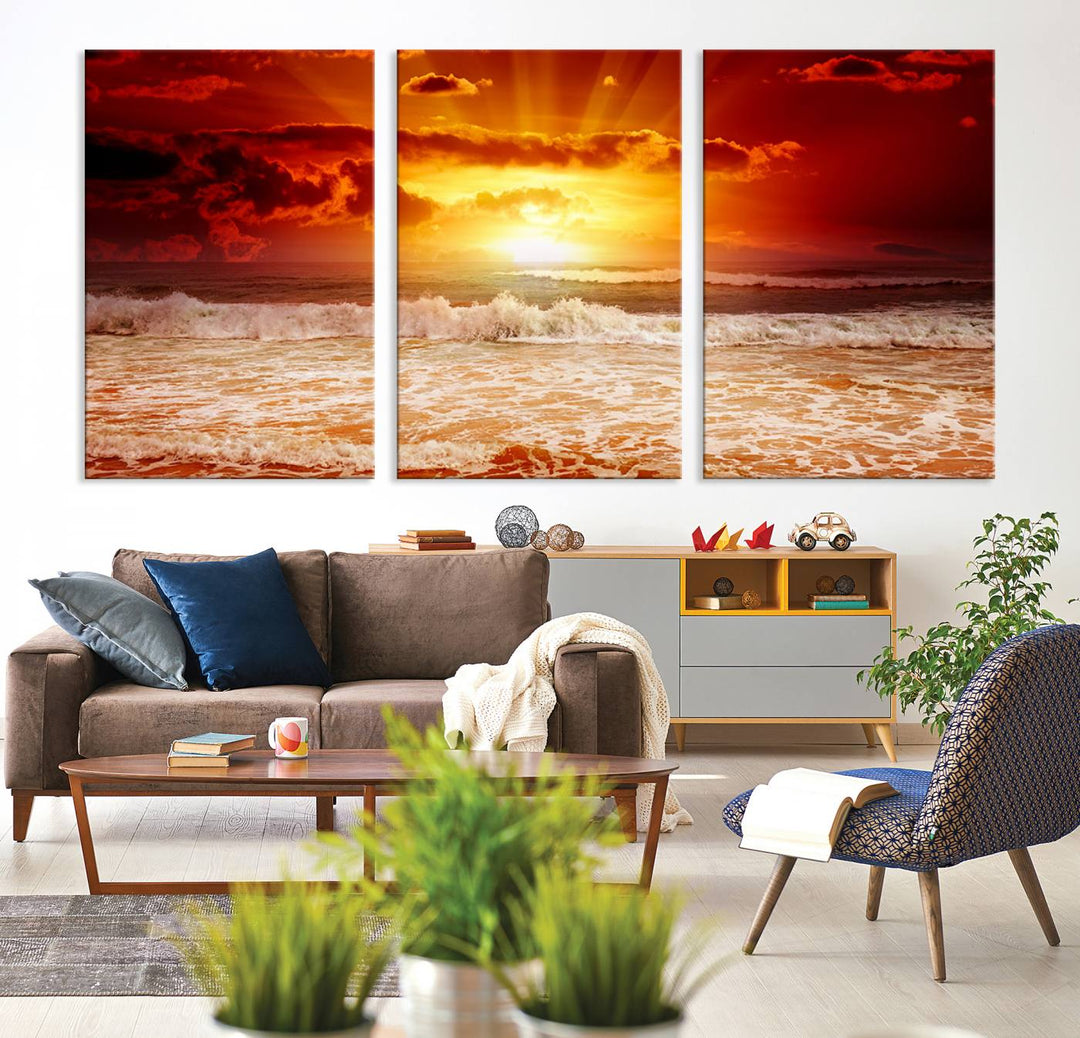 Ocean Sunset Canvas Wall Art Print - Vibrant Red and Orange Sunset Beach Scene, Perfect Coastal Beach Decor for Living Room or Bedroom, Ready to Hang