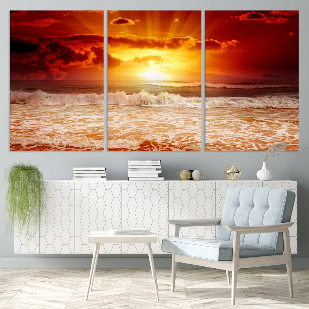 Ocean Sunset Canvas Wall Art Print - Vibrant Red and Orange Sunset Beach Scene, Perfect Coastal Beach Decor for Living Room or Bedroom, Ready to Hang