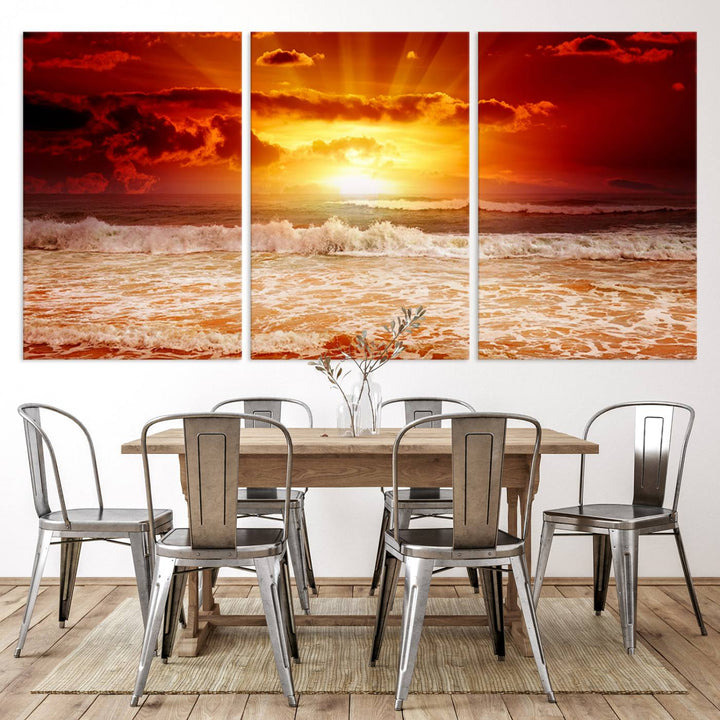 Ocean Sunset Canvas Wall Art Print - Vibrant Red and Orange Sunset Beach Scene, Perfect Coastal Beach Decor for Living Room or Bedroom, Ready to Hang