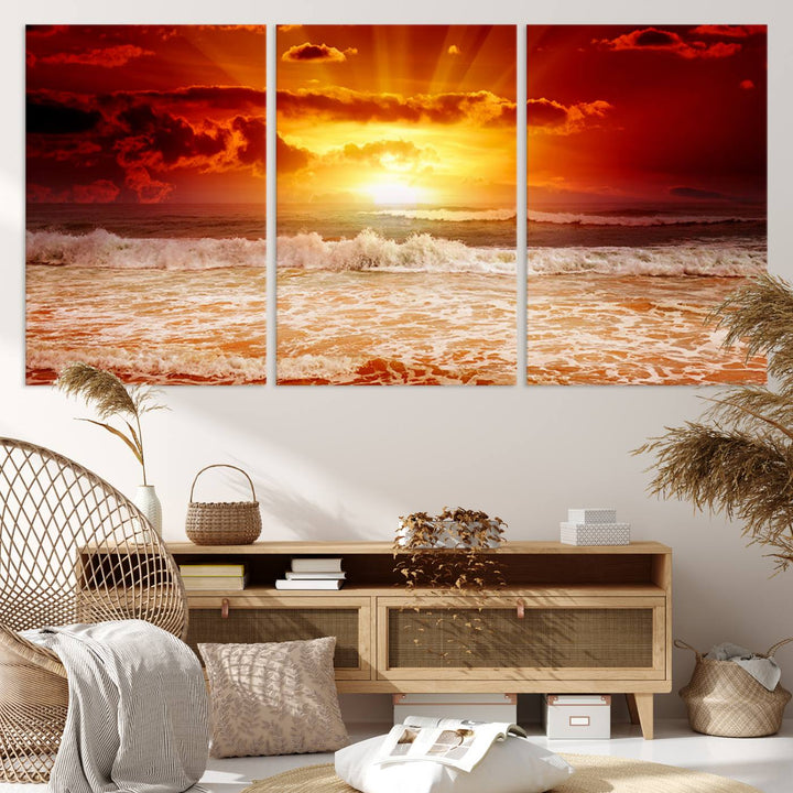 Ocean Sunset Canvas Wall Art Print - Vibrant Red and Orange Sunset Beach Scene, Perfect Coastal Beach Decor for Living Room or Bedroom, Ready to Hang