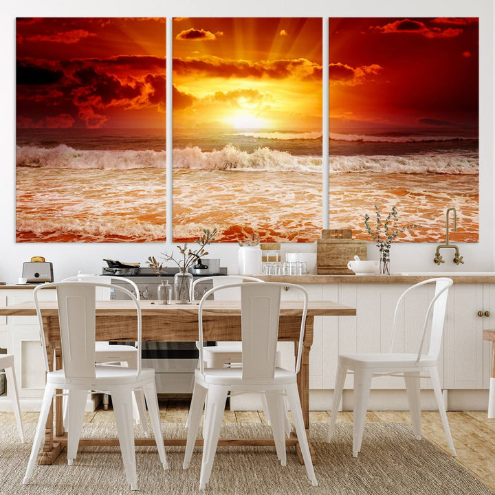 Ocean Sunset Canvas Wall Art Print - Vibrant Red and Orange Sunset Beach Scene, Perfect Coastal Beach Decor for Living Room or Bedroom, Ready to Hang