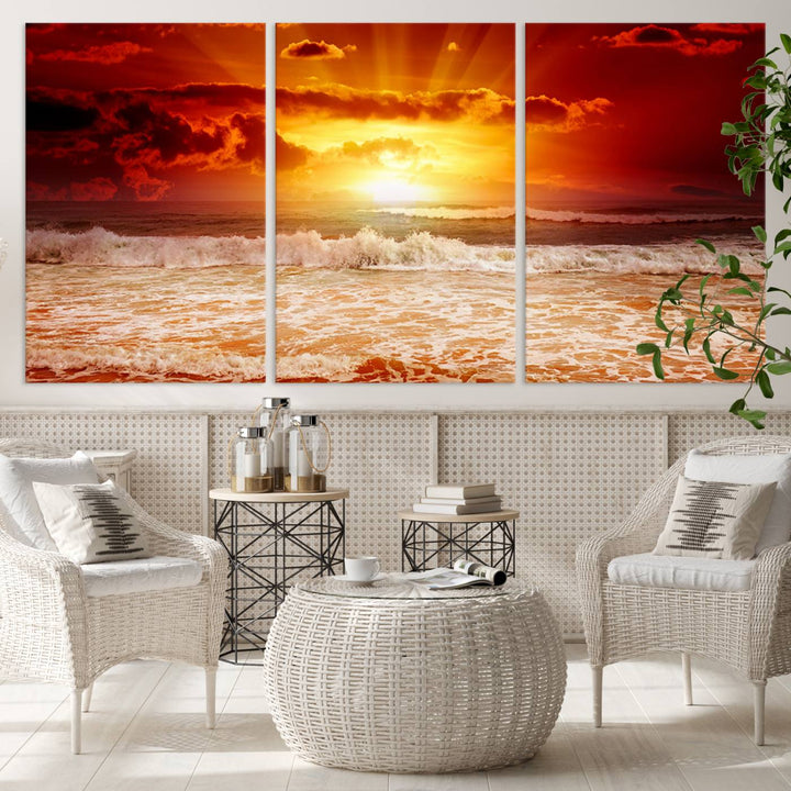 Ocean Sunset Canvas Wall Art Print - Vibrant Red and Orange Sunset Beach Scene, Perfect Coastal Beach Decor for Living Room or Bedroom, Ready to Hang