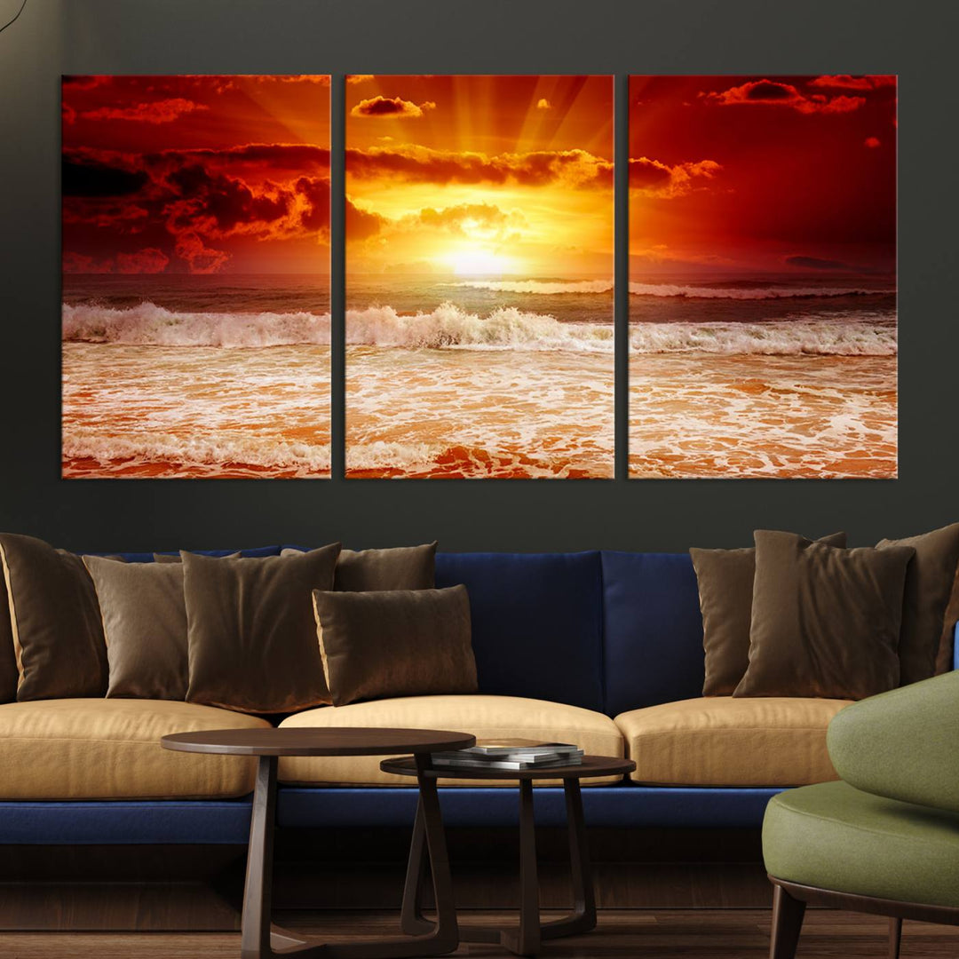 Ocean Sunset Canvas Wall Art Print - Vibrant Red and Orange Sunset Beach Scene, Perfect Coastal Beach Decor for Living Room or Bedroom, Ready to Hang