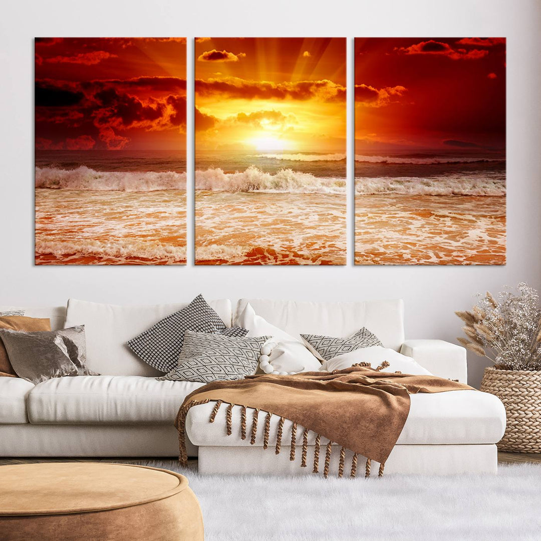 Ocean Sunset Canvas Wall Art Print - Vibrant Red and Orange Sunset Beach Scene, Perfect Coastal Beach Decor for Living Room or Bedroom, Ready to Hang