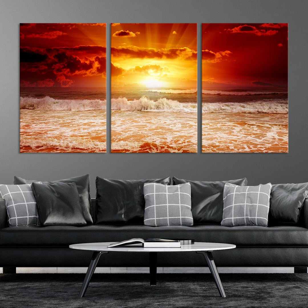 Ocean Sunset Canvas Wall Art Print - Vibrant Red and Orange Sunset Beach Scene, Perfect Coastal Beach Decor for Living Room or Bedroom, Ready to Hang