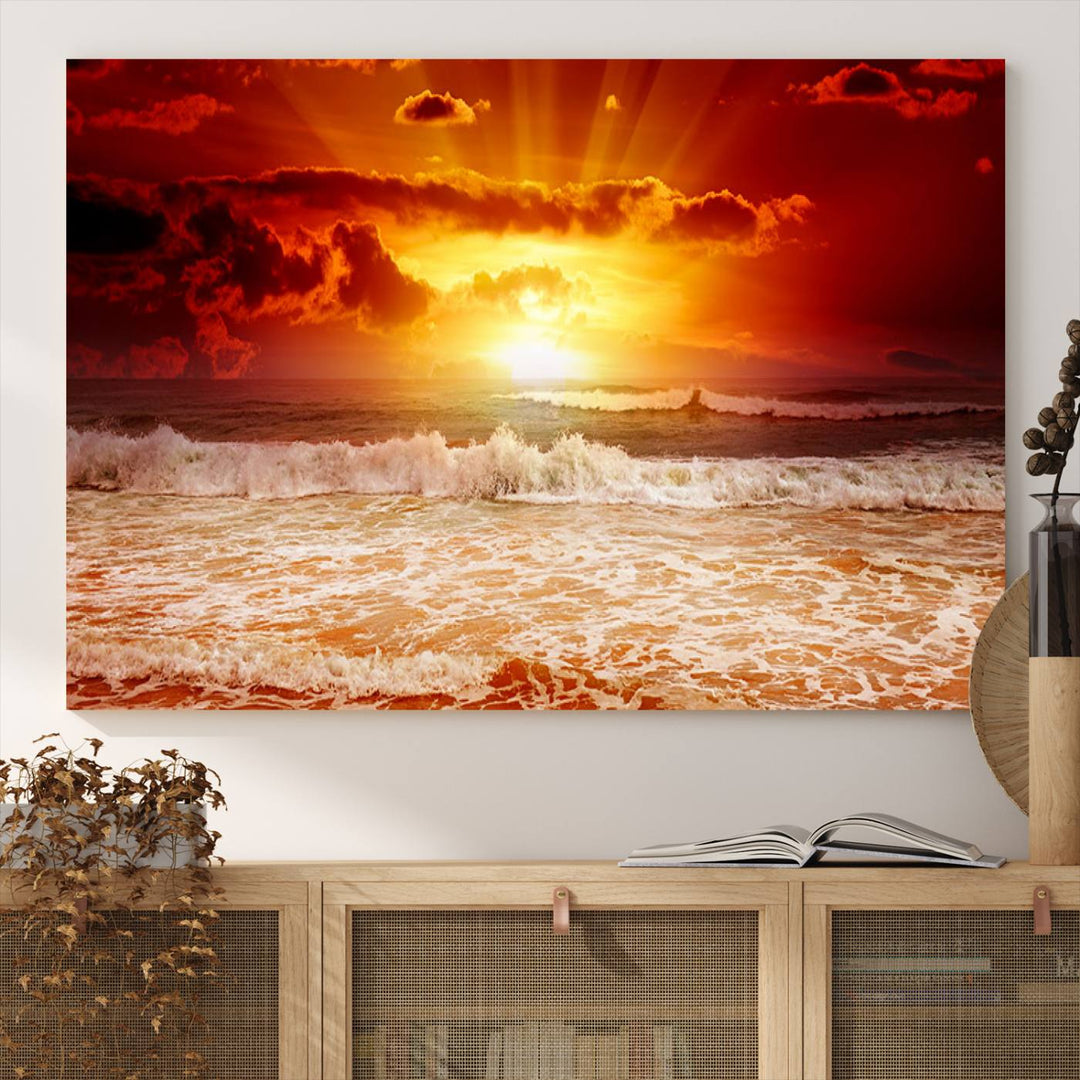 Ocean Sunset Canvas Wall Art Print - Vibrant Red and Orange Sunset Beach Scene, Perfect Coastal Beach Decor for Living Room or Bedroom, Ready to Hang