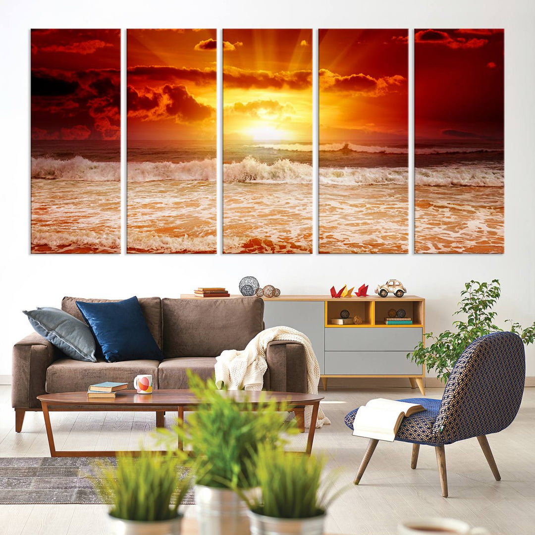 Ocean Sunset Canvas Wall Art Print - Vibrant Red and Orange Sunset Beach Scene, Perfect Coastal Beach Decor for Living Room or Bedroom, Ready to Hang