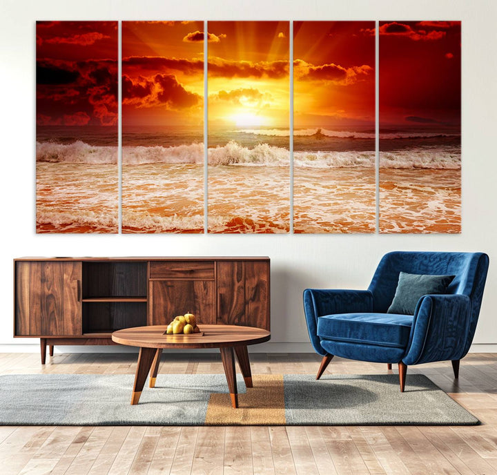 Ocean Sunset Canvas Wall Art Print - Vibrant Red and Orange Sunset Beach Scene, Perfect Coastal Beach Decor for Living Room or Bedroom, Ready to Hang