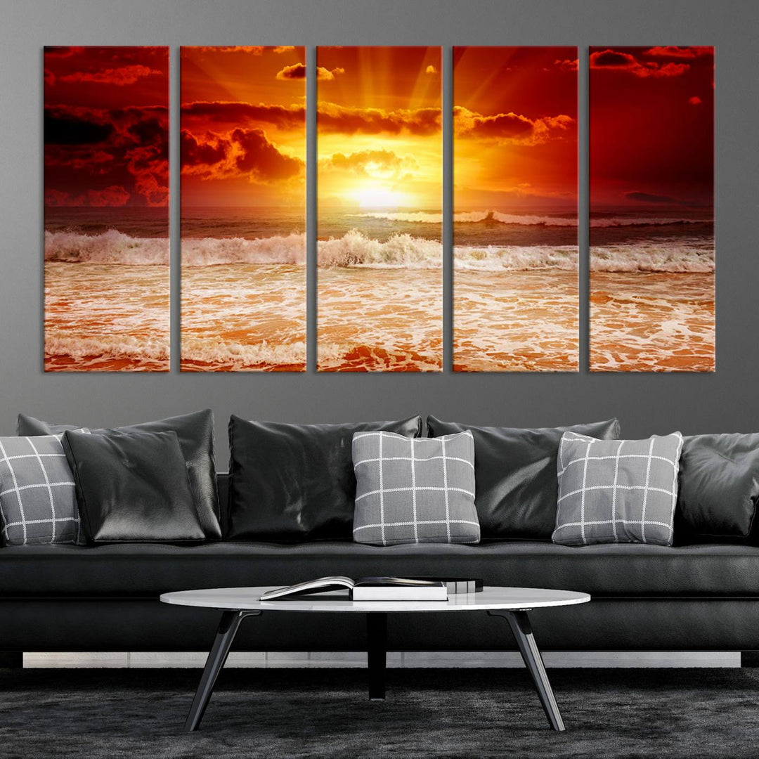 Ocean Sunset Canvas Wall Art Print - Vibrant Red and Orange Sunset Beach Scene, Perfect Coastal Beach Decor for Living Room or Bedroom, Ready to Hang