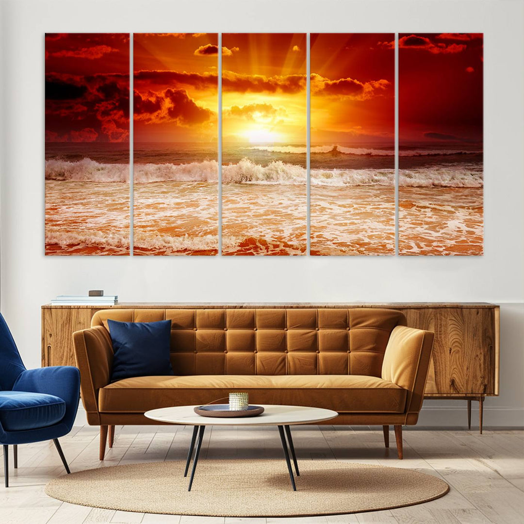 Ocean Sunset Canvas Wall Art Print - Vibrant Red and Orange Sunset Beach Scene, Perfect Coastal Beach Decor for Living Room or Bedroom, Ready to Hang