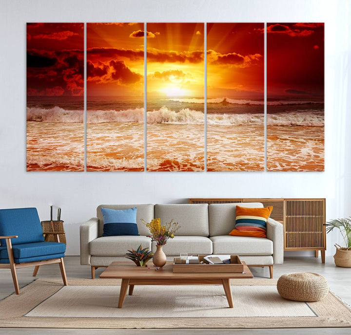 Ocean Sunset Canvas Wall Art Print - Vibrant Red and Orange Sunset Beach Scene, Perfect Coastal Beach Decor for Living Room or Bedroom, Ready to Hang