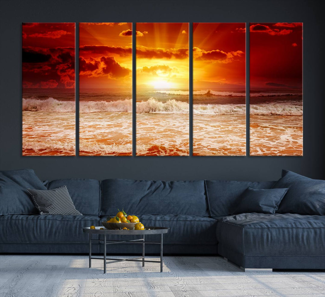 Ocean Sunset Canvas Wall Art Print - Vibrant Red and Orange Sunset Beach Scene, Perfect Coastal Beach Decor for Living Room or Bedroom, Ready to Hang