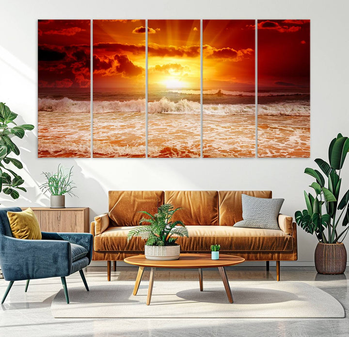 Ocean Sunset Canvas Wall Art Print - Vibrant Red and Orange Sunset Beach Scene, Perfect Coastal Beach Decor for Living Room or Bedroom, Ready to Hang