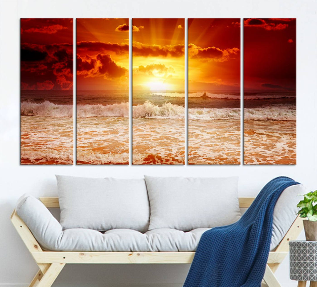 Ocean Sunset Canvas Wall Art Print - Vibrant Red and Orange Sunset Beach Scene, Perfect Coastal Beach Decor for Living Room or Bedroom, Ready to Hang