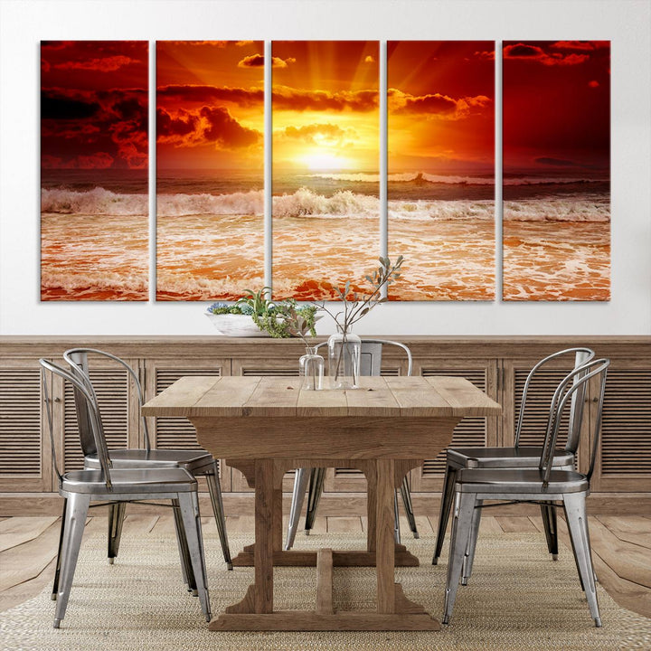 Ocean Sunset Canvas Wall Art Print - Vibrant Red and Orange Sunset Beach Scene, Perfect Coastal Beach Decor for Living Room or Bedroom, Ready to Hang