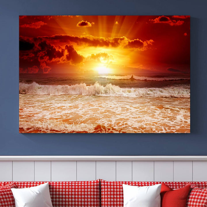 Ocean Sunset Canvas Wall Art Print - Vibrant Red and Orange Sunset Beach Scene, Perfect Coastal Beach Decor for Living Room or Bedroom, Ready to Hang